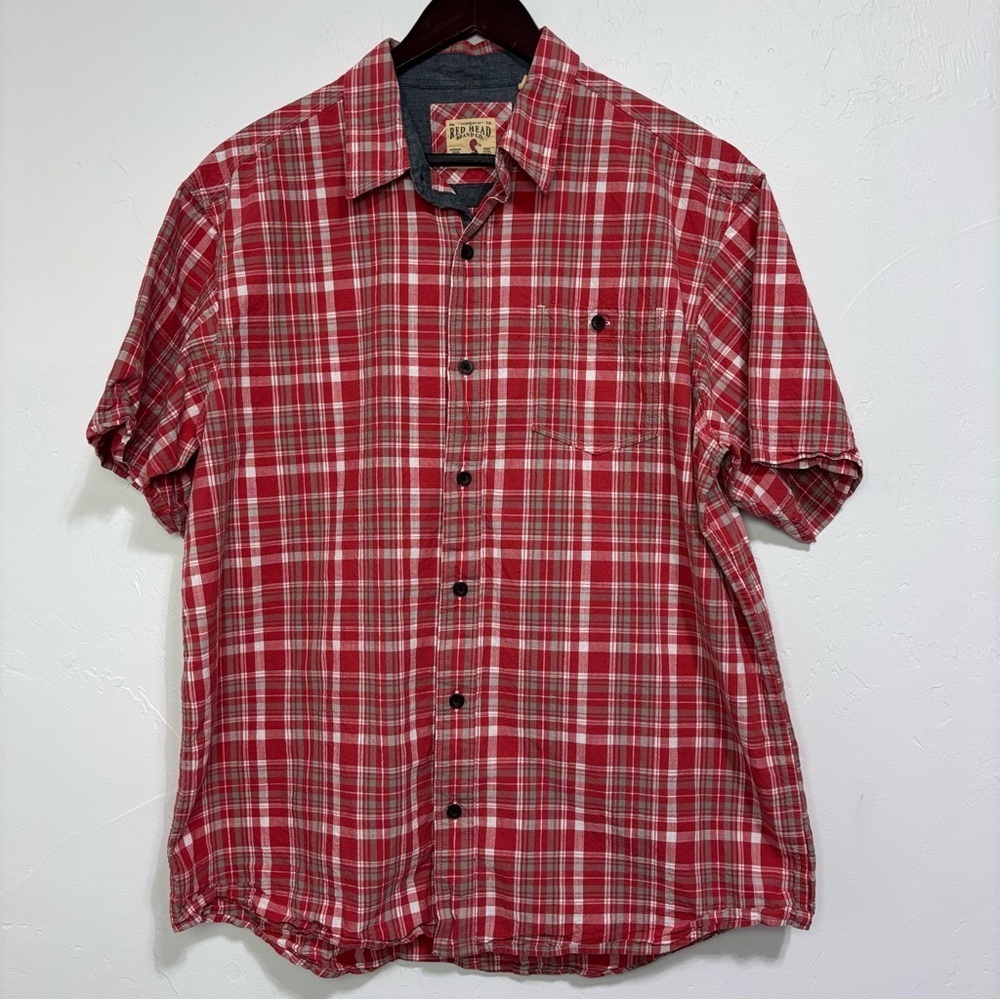 Red Head Men's Red Plaid Button Front Short Sleeve Shirt XL Cotton